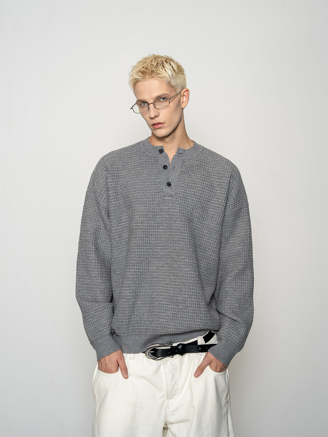 DBW Doublewin Waffle Knit Long Sleeve Henley Shirt
