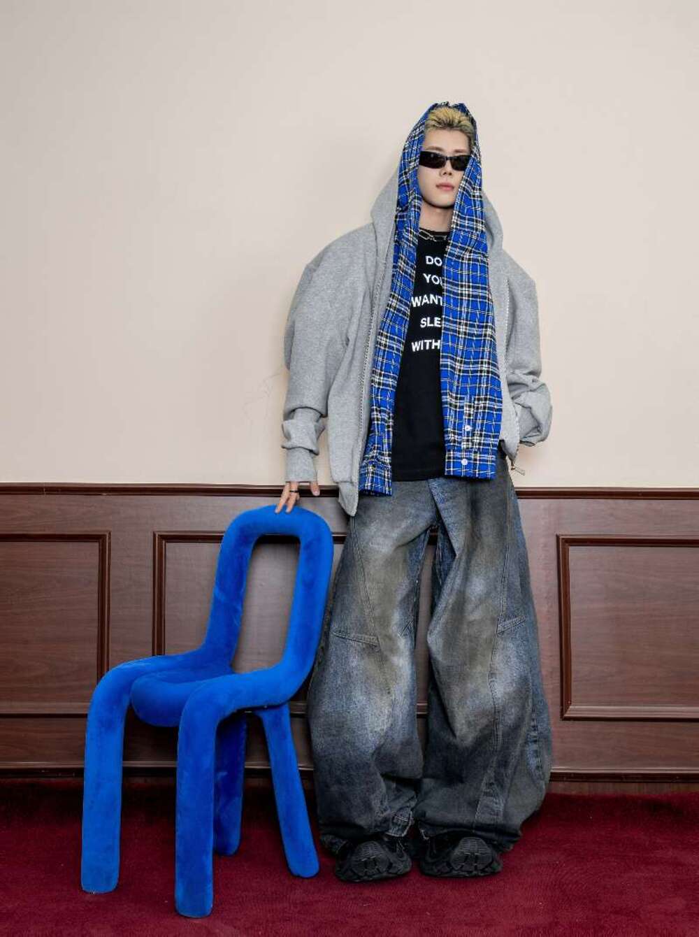 DBW Doublewin Double-Layer Hood Plaid Panel Zip-Up Hoodie