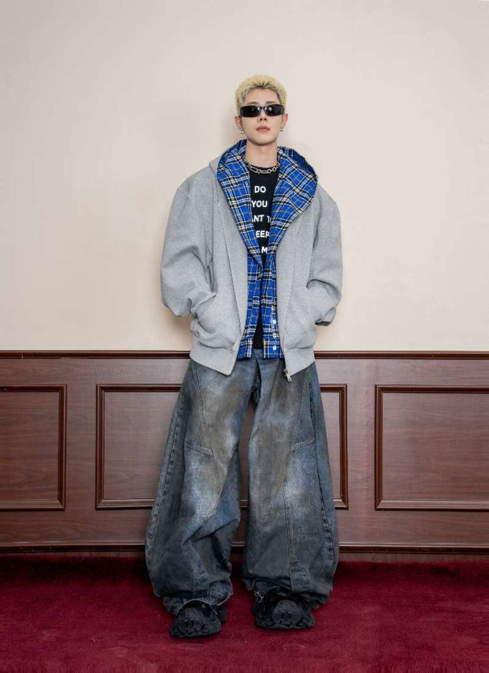 DBW Doublewin Double-Layer Hood Plaid Panel Zip-Up Hoodie