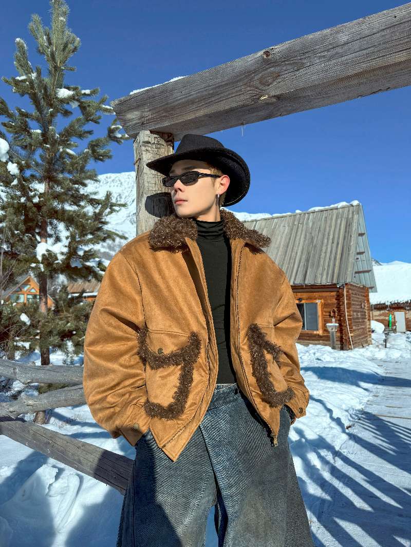 DBW Doublewin Curly Fur Collar Suede Cotton Jacket