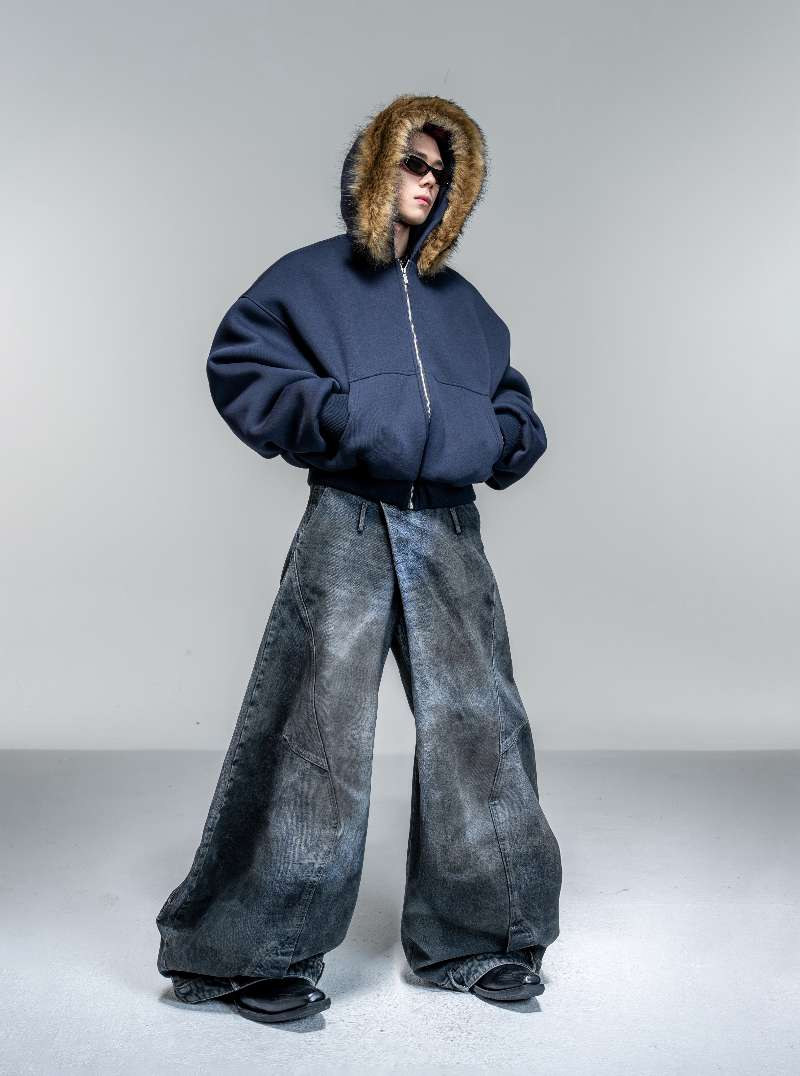 DBW Doublewin Oversized Detachable Fur Hood Zip-Up Hooide