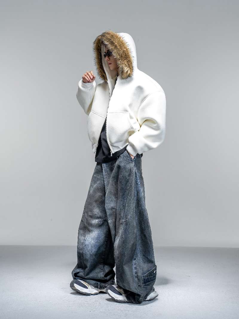 DBW Doublewin Oversized Detachable Fur Hood Zip-Up Hooide