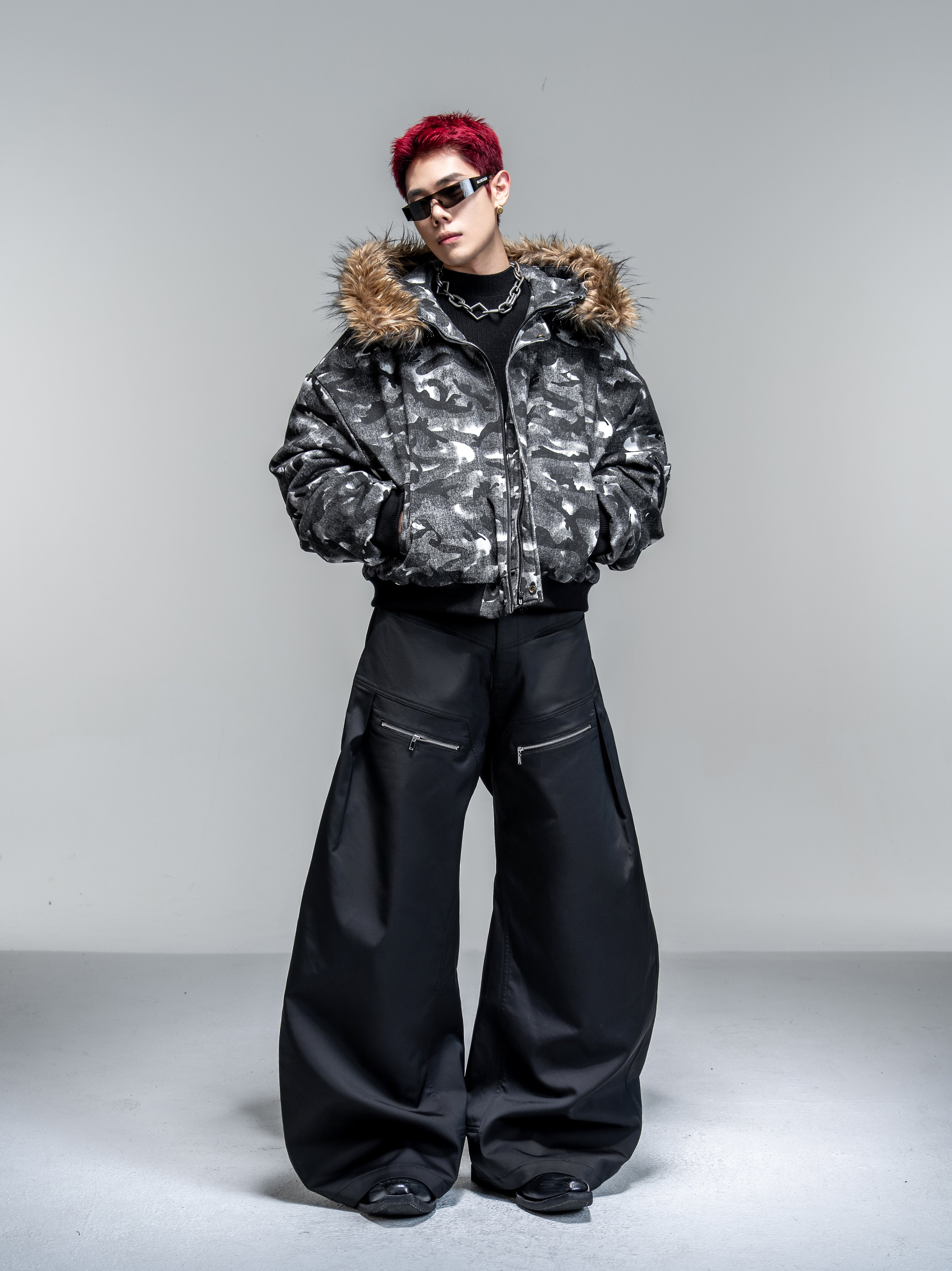 DBW Doublewin Black Grey Camouflage Detachable Fur Collar Cotton Jacket