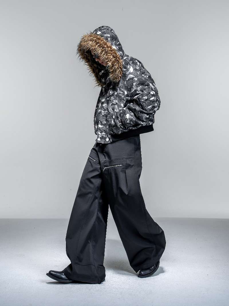 DBW Doublewin Black Grey Camouflage Detachable Fur Collar Cotton Jacket