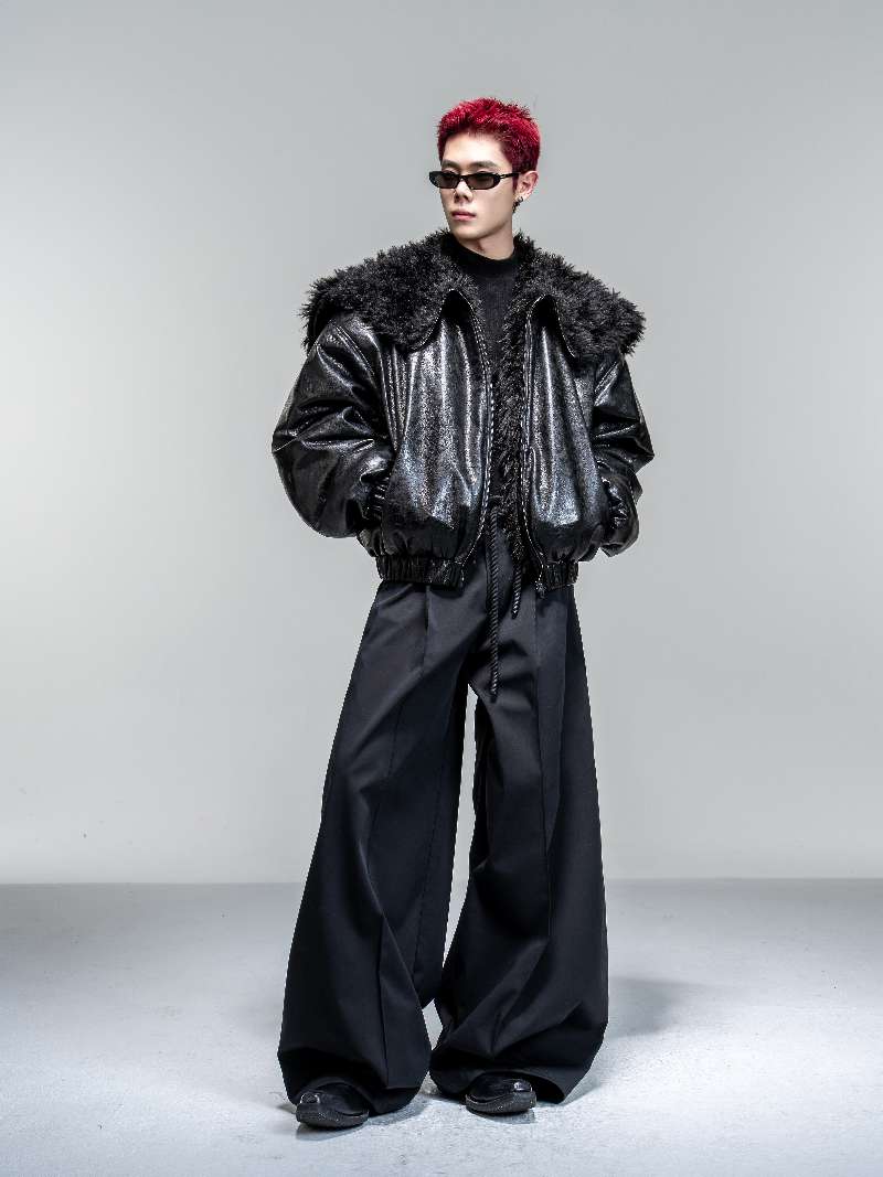 DBW Doublewin Glossy Leather Plush Pile Flight Jacket