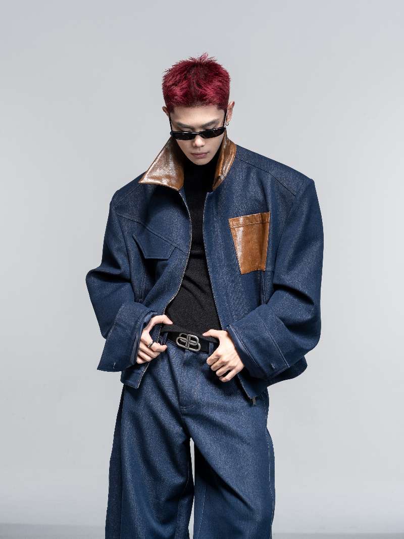 DBW Doublewin Leather Panel Shoulder Pad Cropped Jacket Set