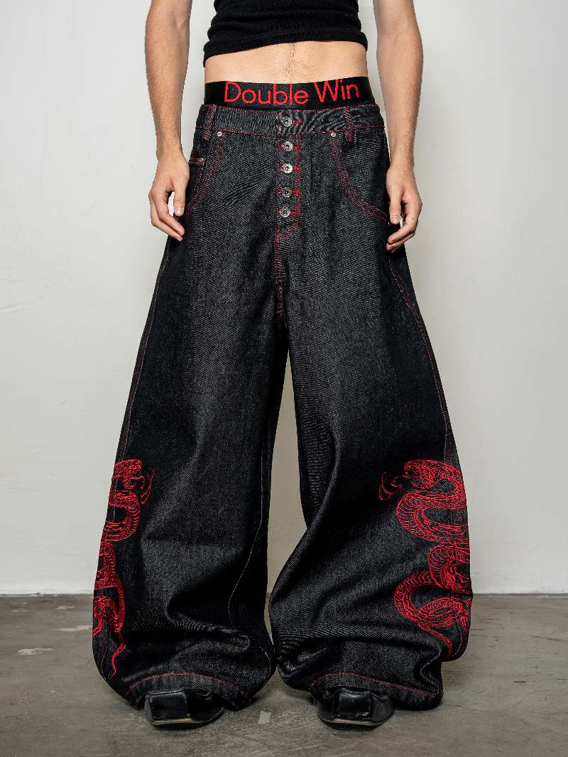 DBW Doublewin Embroidered Red Snake Raw Denim Jeans