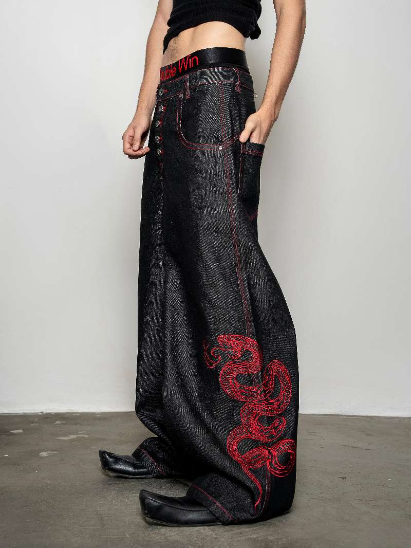 DBW Doublewin Embroidered Red Snake Raw Denim Jeans