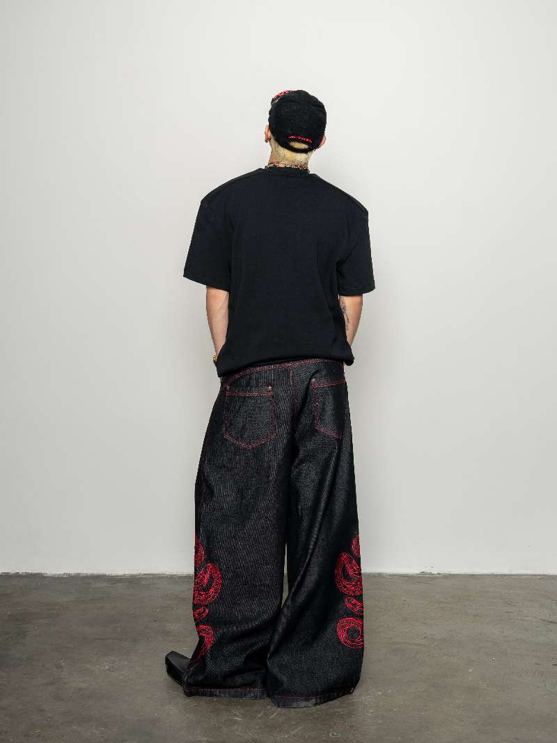 DBW Doublewin Embroidered Red Snake Raw Denim Jeans
