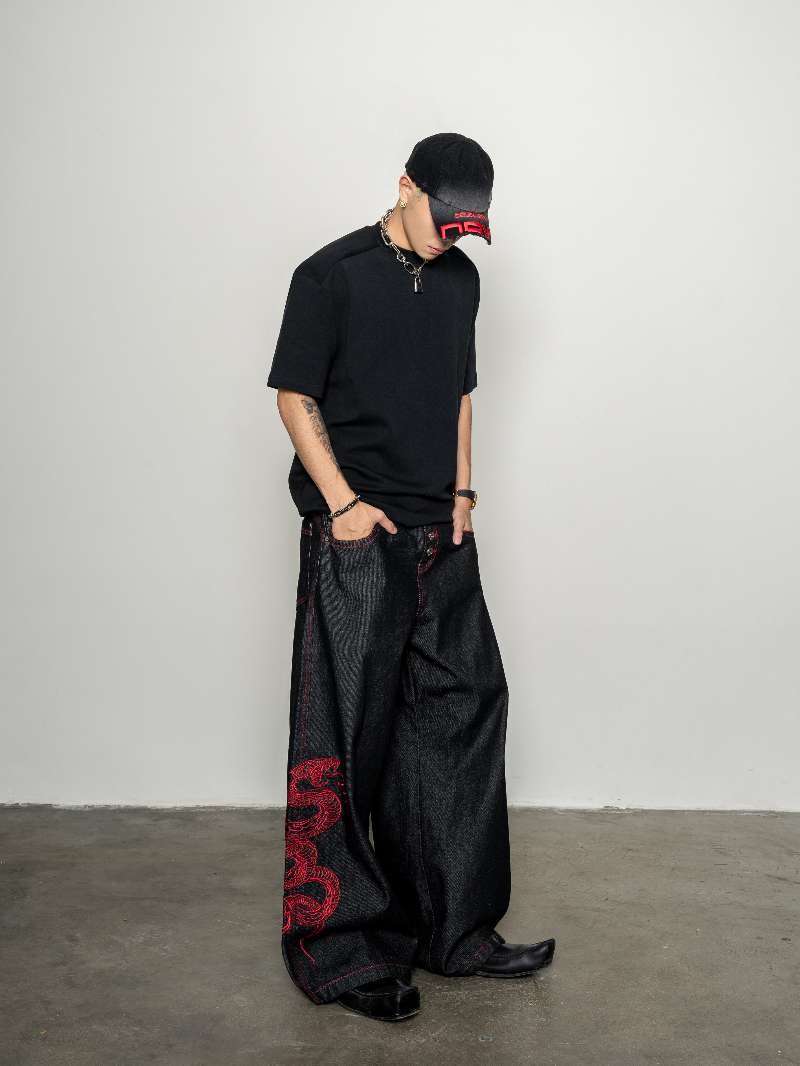 DBW Doublewin Embroidered Red Snake Raw Denim Jeans