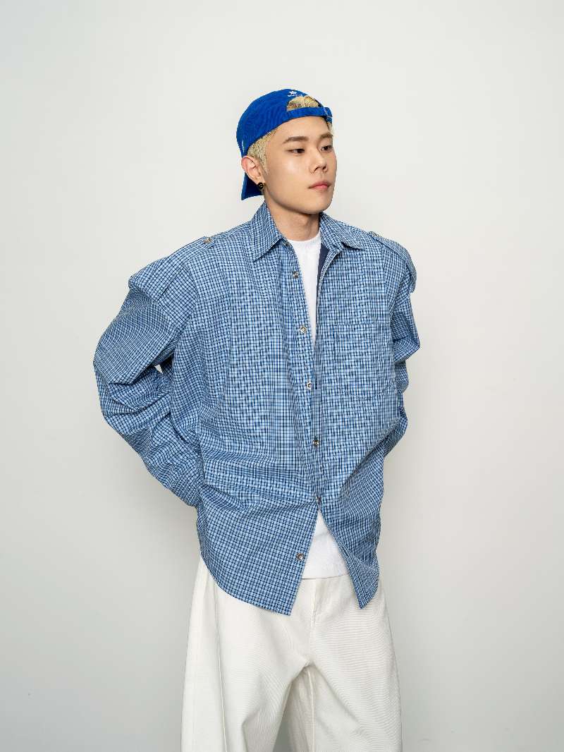 DBW Doublewin Vintage Blue Plaid Fashion Oversized Drop-Shoulder Shirt