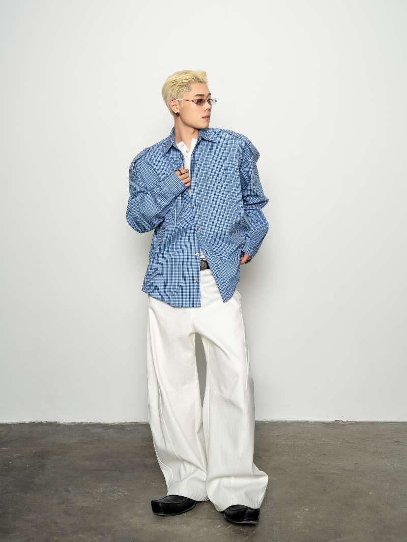 DBW Doublewin Vintage Blue Plaid Fashion Oversized Drop-Shoulder Shirt