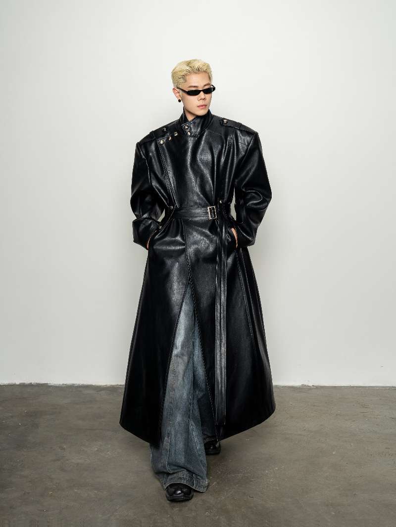 DBW Doublewin Vintage Wide Lapel Belted Leather Trench Coat