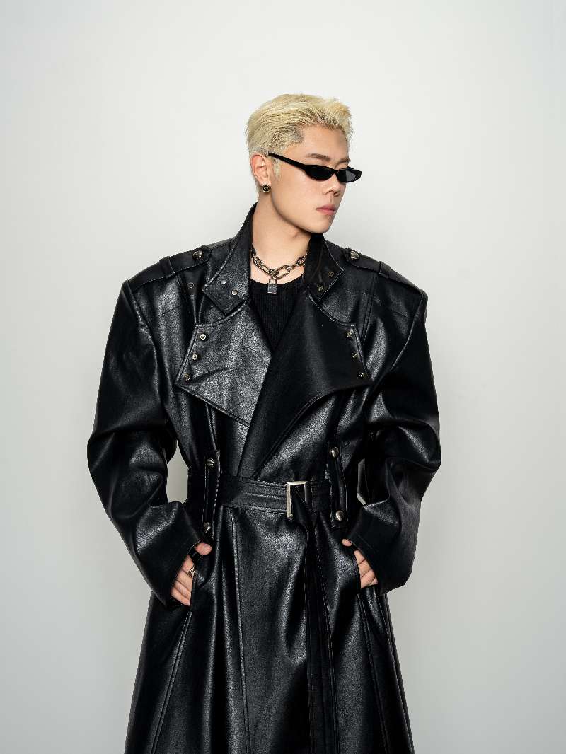 DBW Doublewin Vintage Wide Lapel Belted Leather Trench Coat