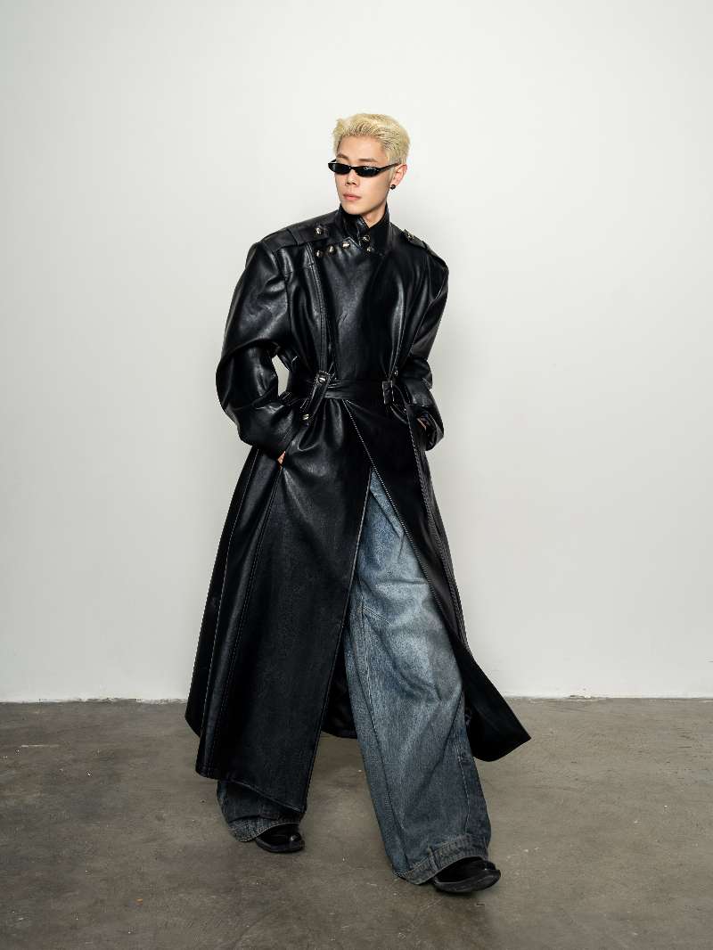 DBW Doublewin Vintage Wide Lapel Belted Leather Trench Coat