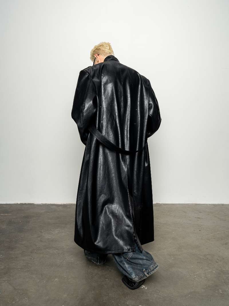 DBW Doublewin Vintage Wide Lapel Belted Leather Trench Coat