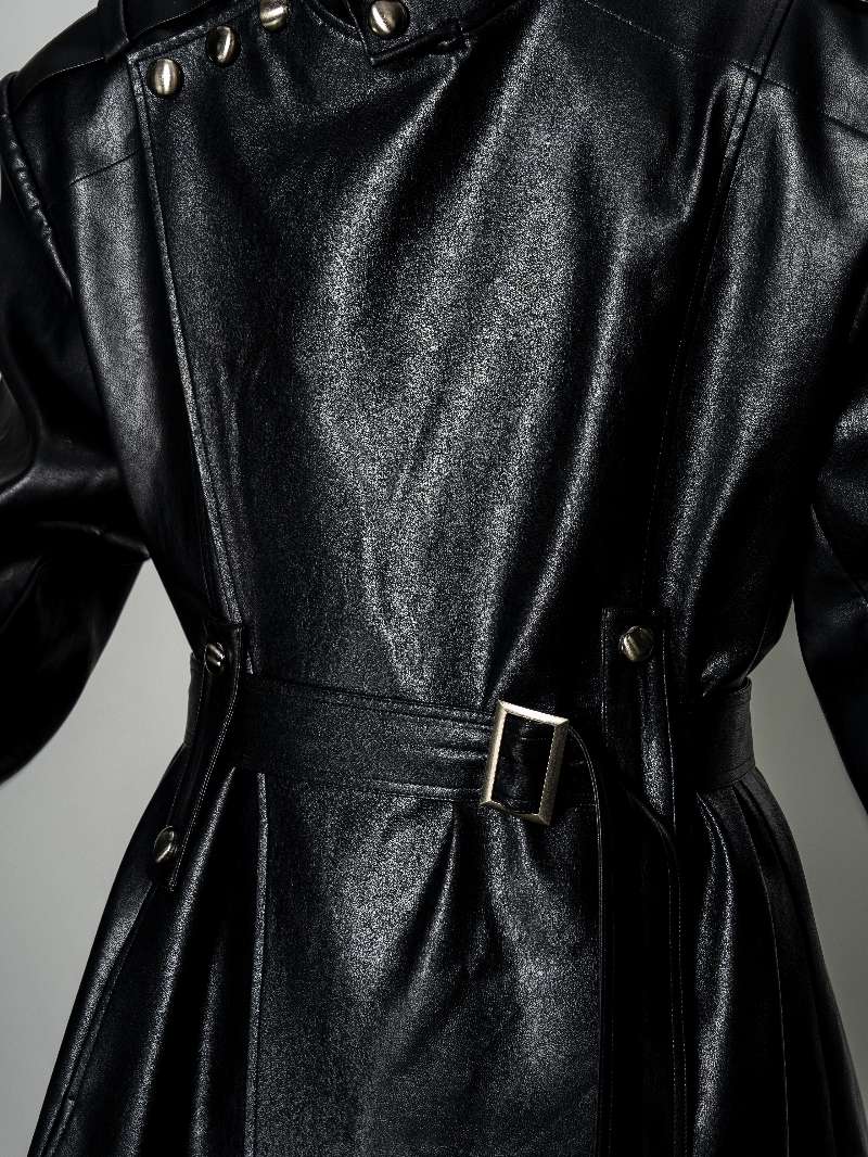 DBW Doublewin Vintage Wide Lapel Belted Leather Trench Coat