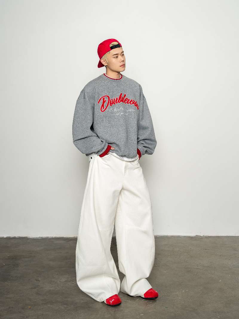 DBW Doublewin Heather Grey Red Contrast Terry Embroidery Sweatshirt