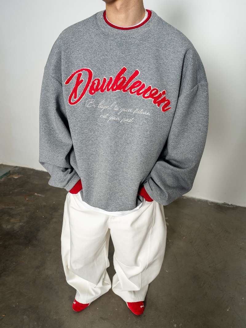 DBW Doublewin Heather Grey Red Contrast Terry Embroidery Sweatshirt