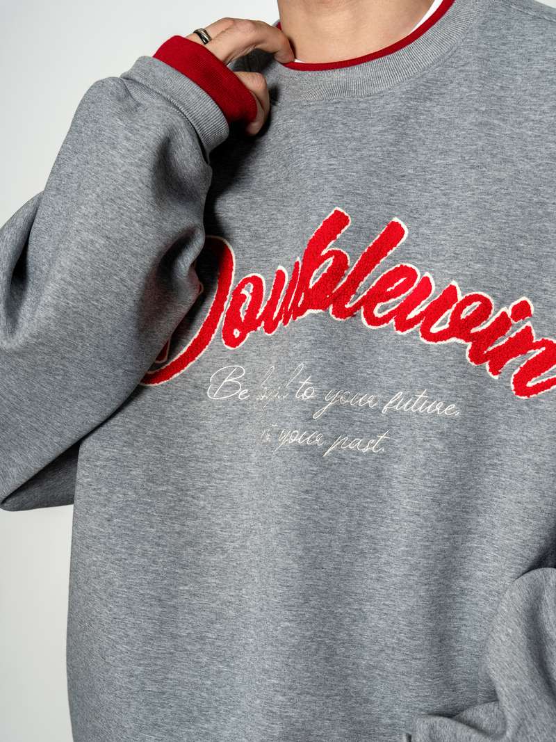 DBW Doublewin Heather Grey Red Contrast Terry Embroidery Sweatshirt