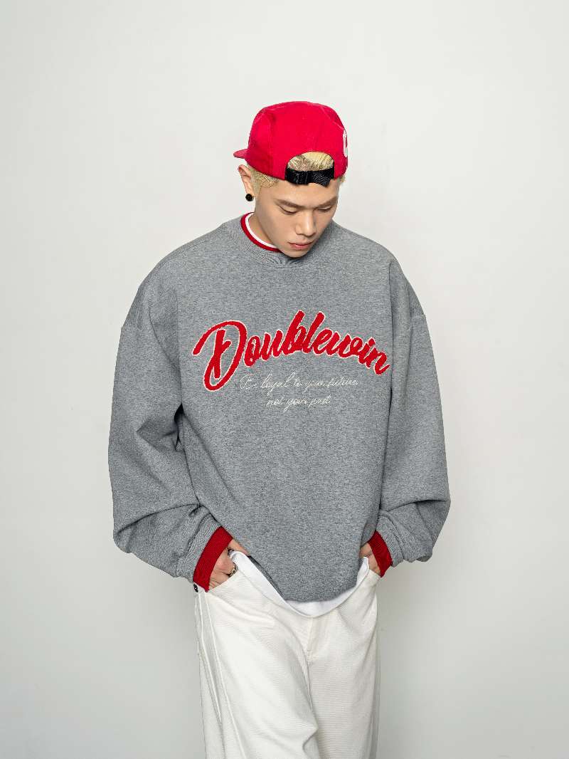 DBW Doublewin Heather Grey Red Contrast Terry Embroidery Sweatshirt