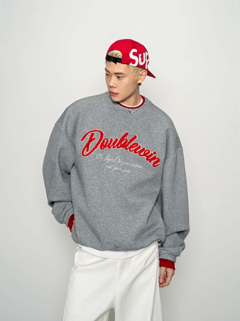 DBW Doublewin Heather Grey Red Contrast Terry Embroidery Sweatshirt