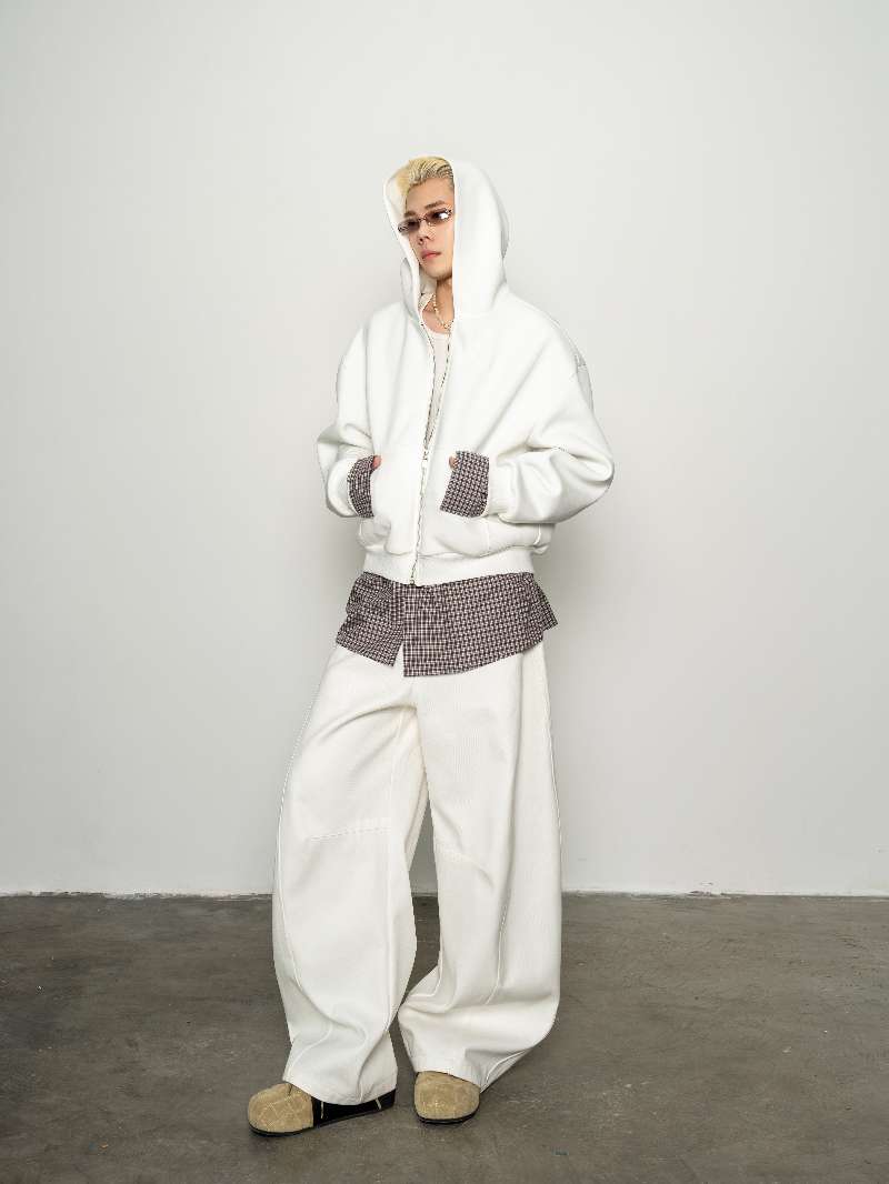 DBW Doublewin False Two-Layer Knit Plaid Panel Hooded Sweatshirt