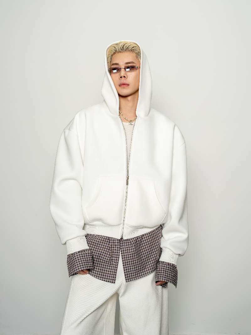 DBW Doublewin False Two-Layer Knit Plaid Panel Hooded Sweatshirt
