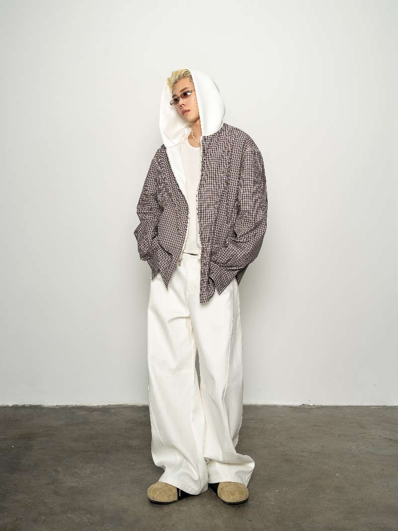 DBW Doublewin False Two-Layer Knit Plaid Panel Hooded Sweatshirt