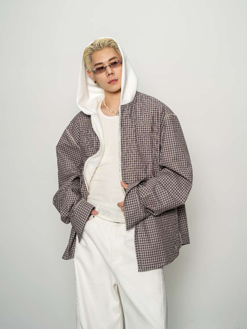 DBW Doublewin False Two-Layer Knit Plaid Panel Hooded Sweatshirt