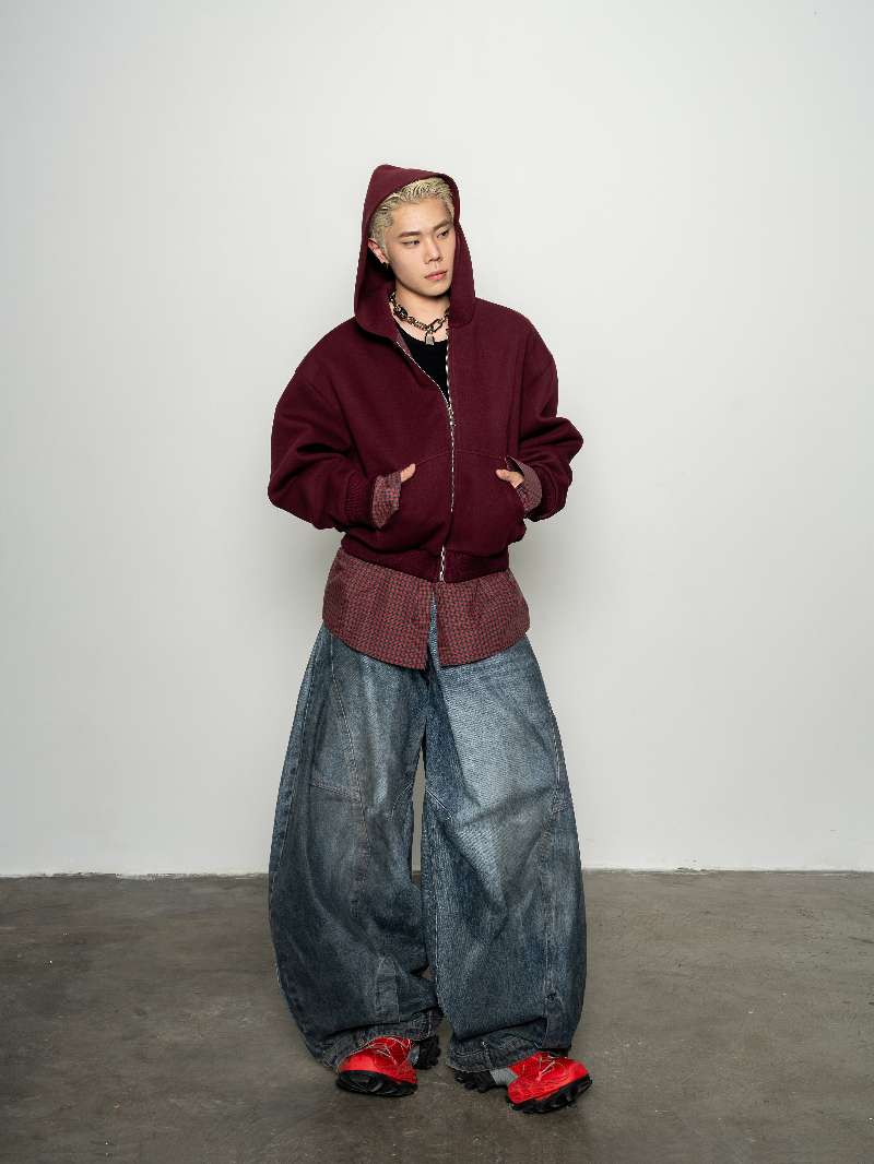 DBW Doublewin False Two-Layer Knit Plaid Panel Hooded Sweatshirt