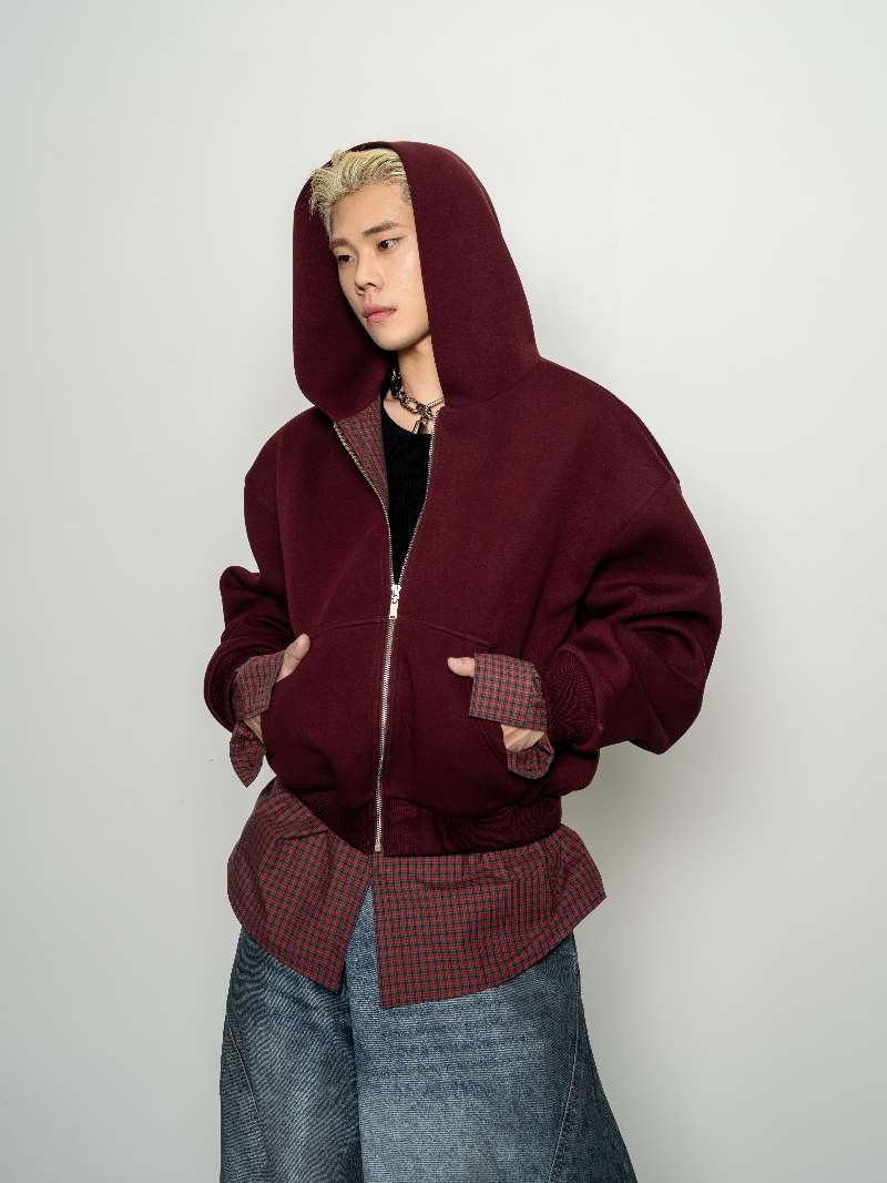 DBW Doublewin False Two-Layer Knit Plaid Panel Hooded Sweatshirt