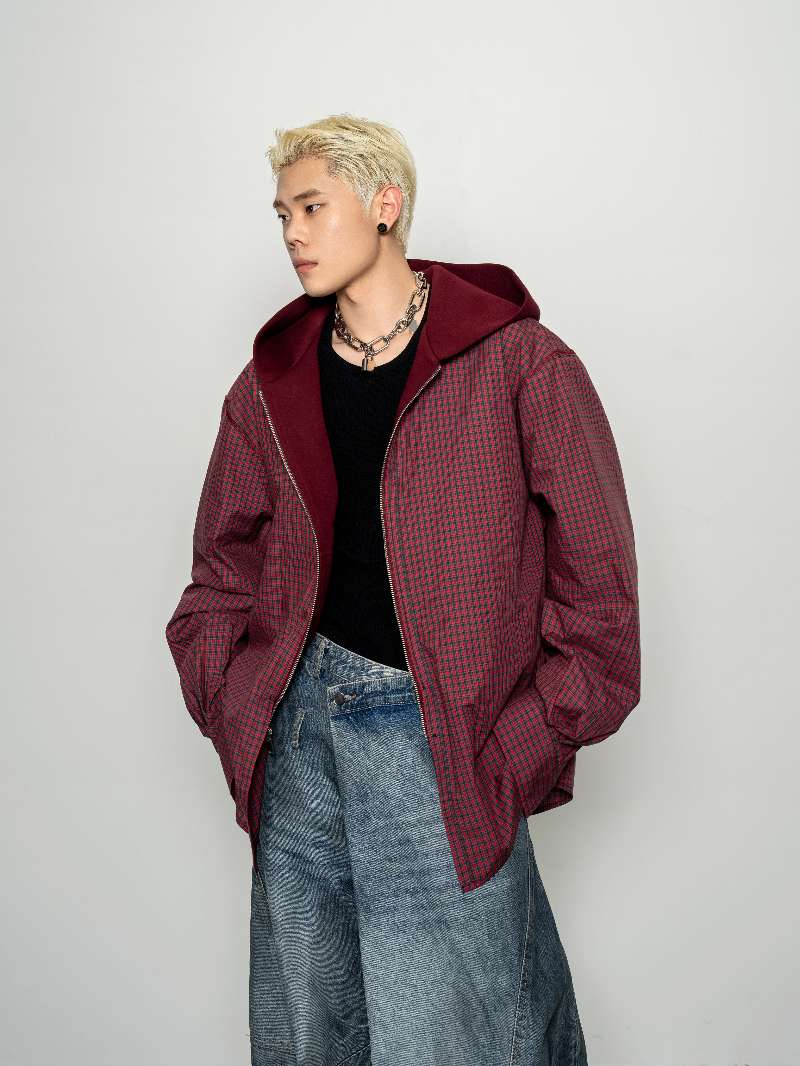 DBW Doublewin False Two-Layer Knit Plaid Panel Hooded Sweatshirt