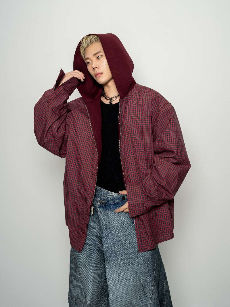 DBW Doublewin False Two-Layer Knit Plaid Panel Hooded Sweatshirt