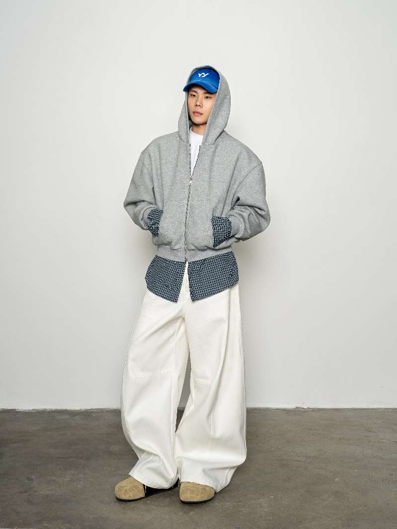 DBW Doublewin False Two-Layer Knit Plaid Panel Hooded Sweatshirt