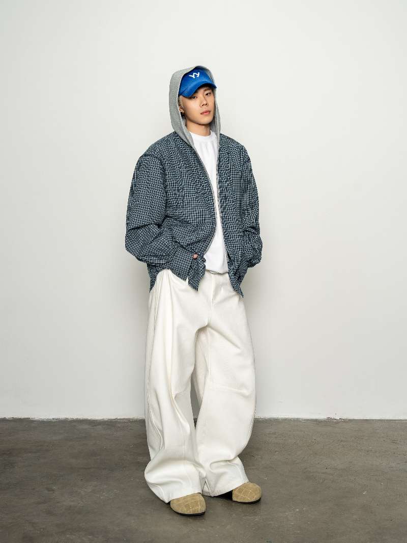 DBW Doublewin False Two-Layer Knit Plaid Panel Hooded Sweatshirt