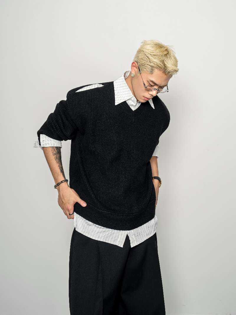 DBW Doublewin Distressed False Two-Layer Knit Shirt
