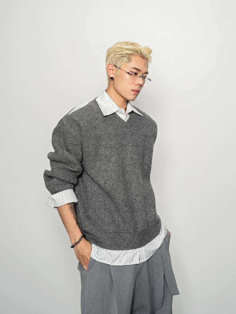 DBW Doublewin Distressed False Two-Layer Knit Shirt