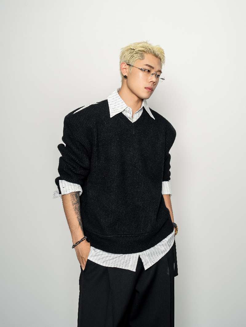 DBW Doublewin Distressed False Two-Layer Knit Shirt