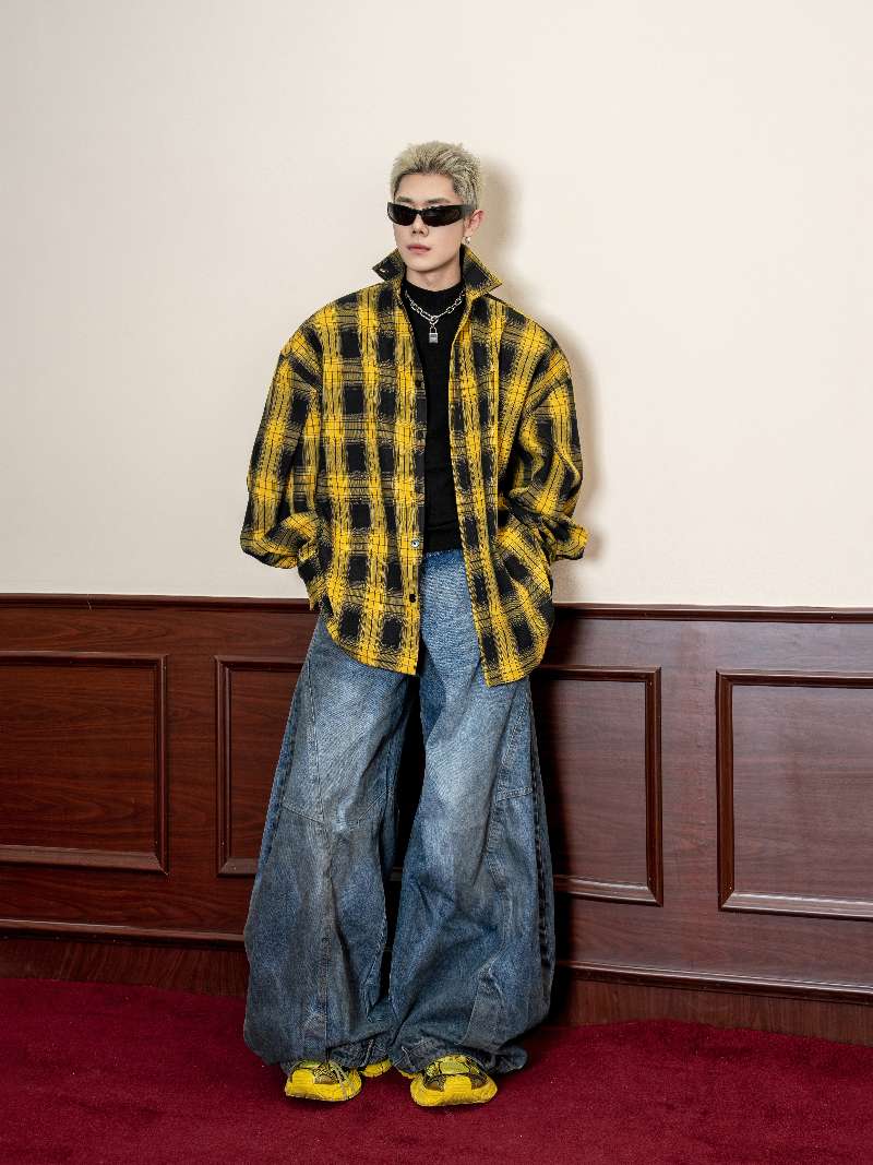 DBW Doublewin Vintage Yellow Black Check Scimitar Sleeve Oversized Shirt