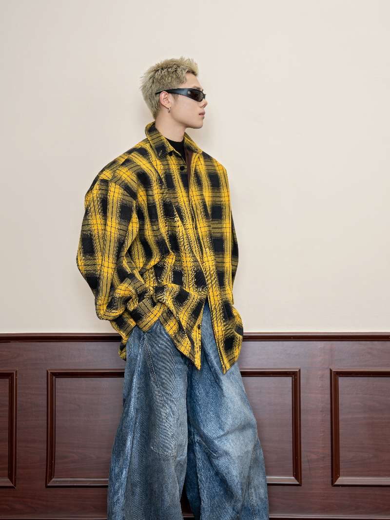 DBW Doublewin Vintage Yellow Black Check Scimitar Sleeve Oversized Shirt