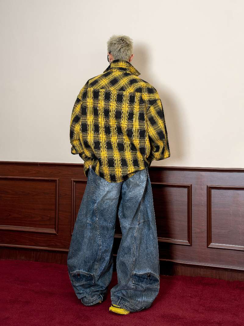 DBW Doublewin Vintage Yellow Black Check Scimitar Sleeve Oversized Shirt