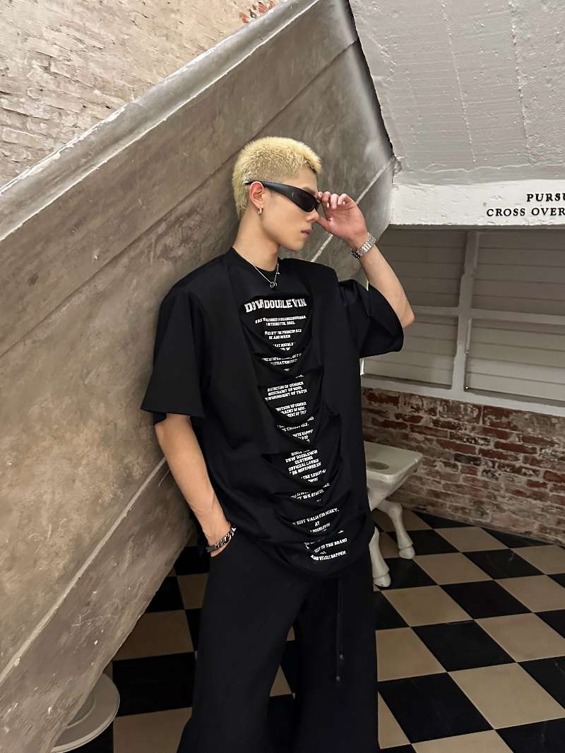 DBW Doublewin Double-Layer Distressed Print T-Shirt