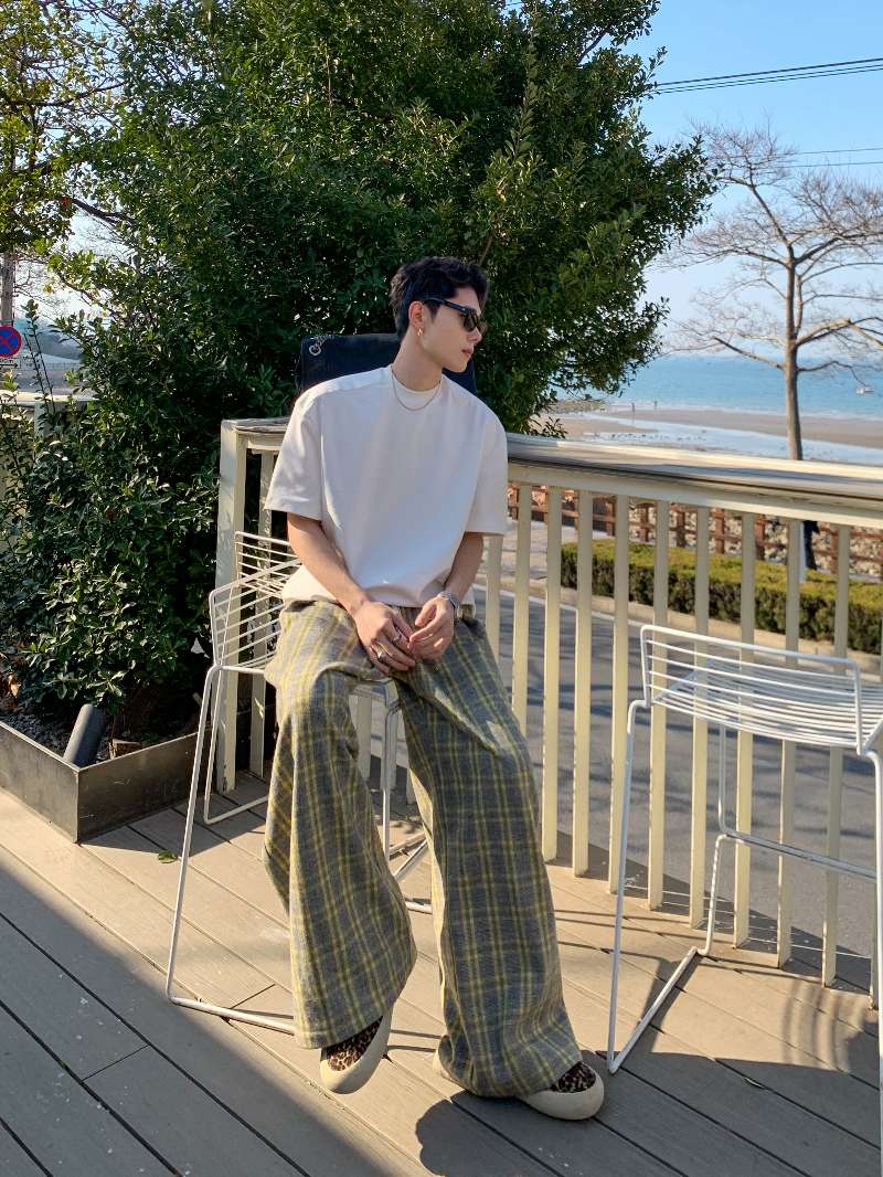DBW Doublewin Yellow Green Check Wool Blend Casual Trousers