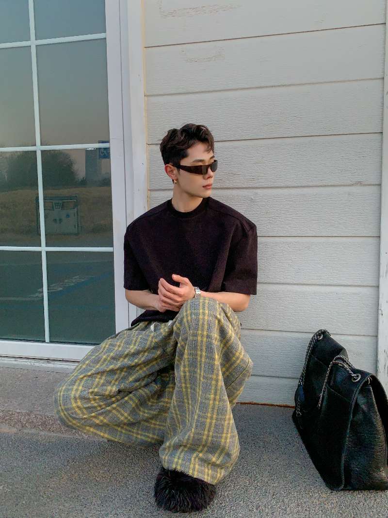 DBW Doublewin Yellow Green Check Wool Blend Casual Trousers