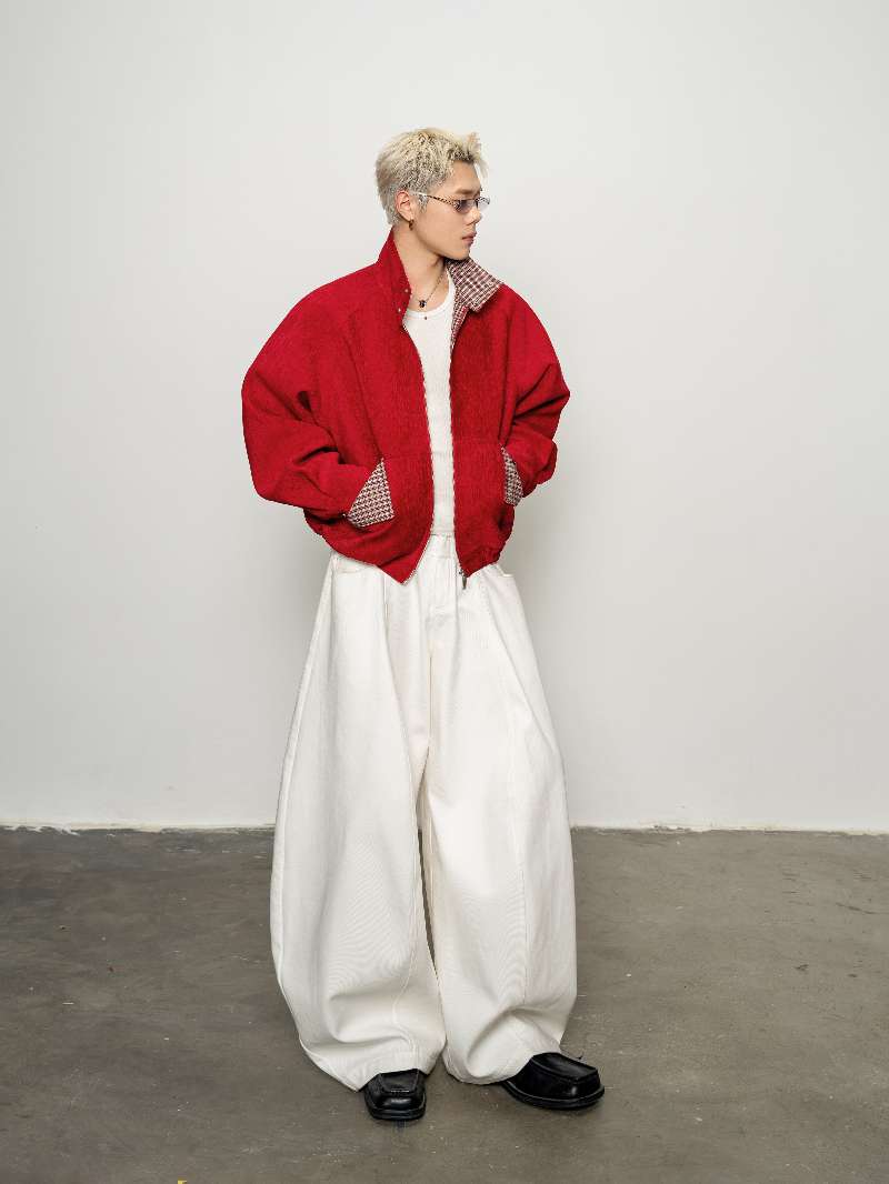 DBW Doublewin Red Velvet Vintage Plaid High-Neck Coat