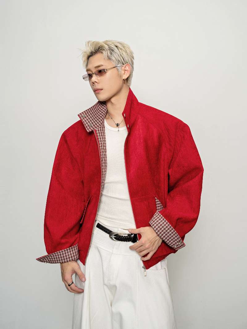 DBW Doublewin Red Velvet Vintage Plaid High-Neck Coat