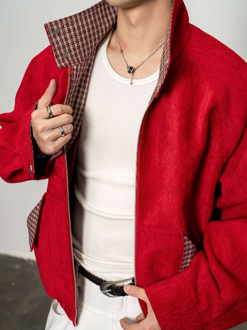 DBW Doublewin Red Velvet Vintage Plaid High-Neck Coat