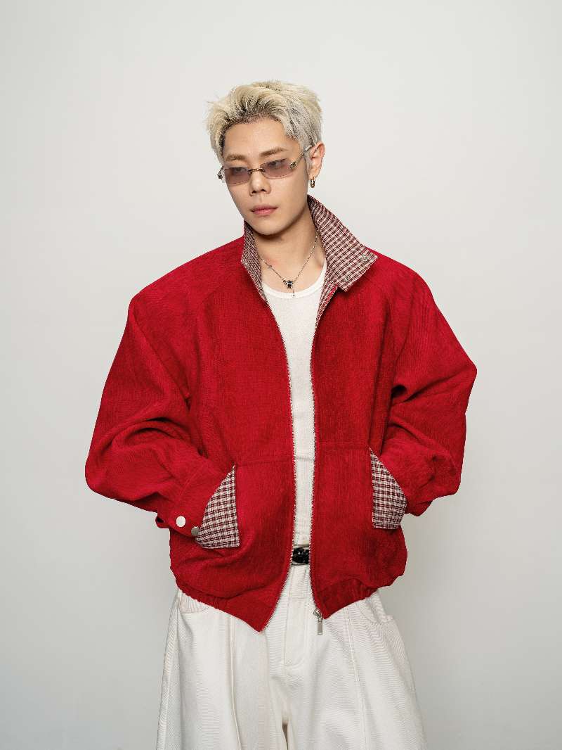 DBW Doublewin Red Velvet Vintage Plaid High-Neck Coat
