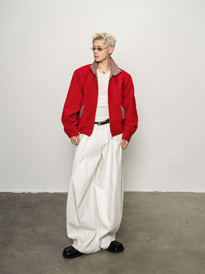 DBW Doublewin Red Velvet Vintage Plaid High-Neck Coat